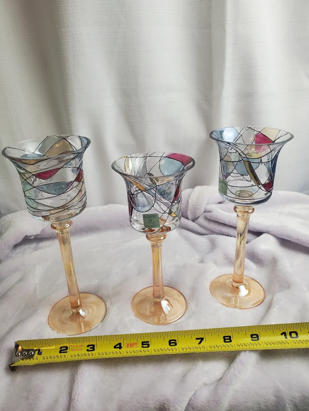 3 Piece Retired Tiffany Style Mosaic Stemmed Votive Glass Tealight Holders New - Picture 10 of 16